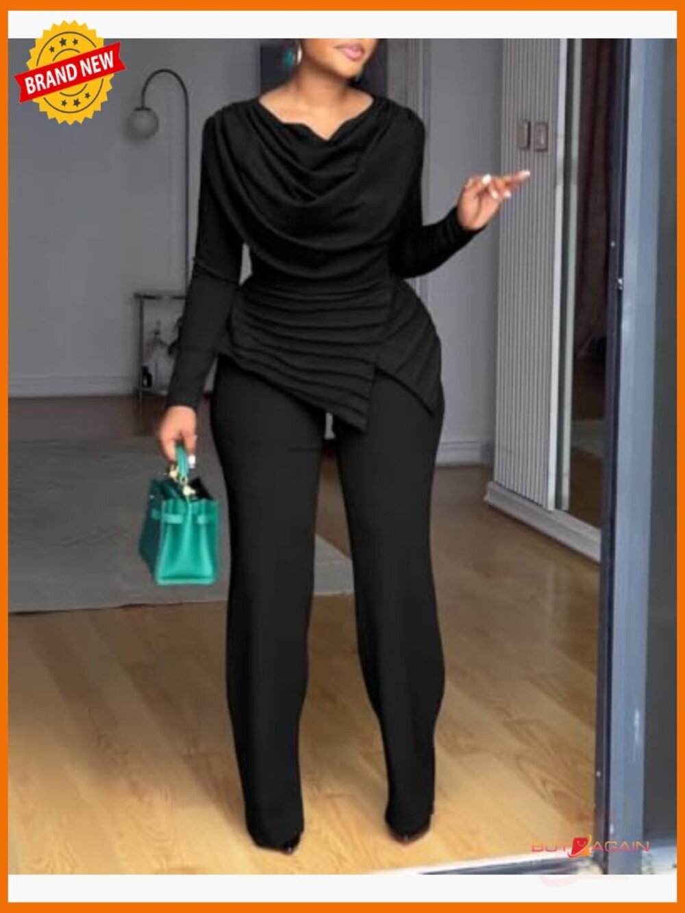 Women's Long Sleeve Jumpsuit Dressy Cowl Neck Asymmetrical Hem Back Zipper One - Picture 6 of 7